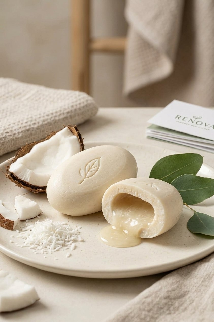 Jabón RENOVA de Coco con tonos naturales y crema
